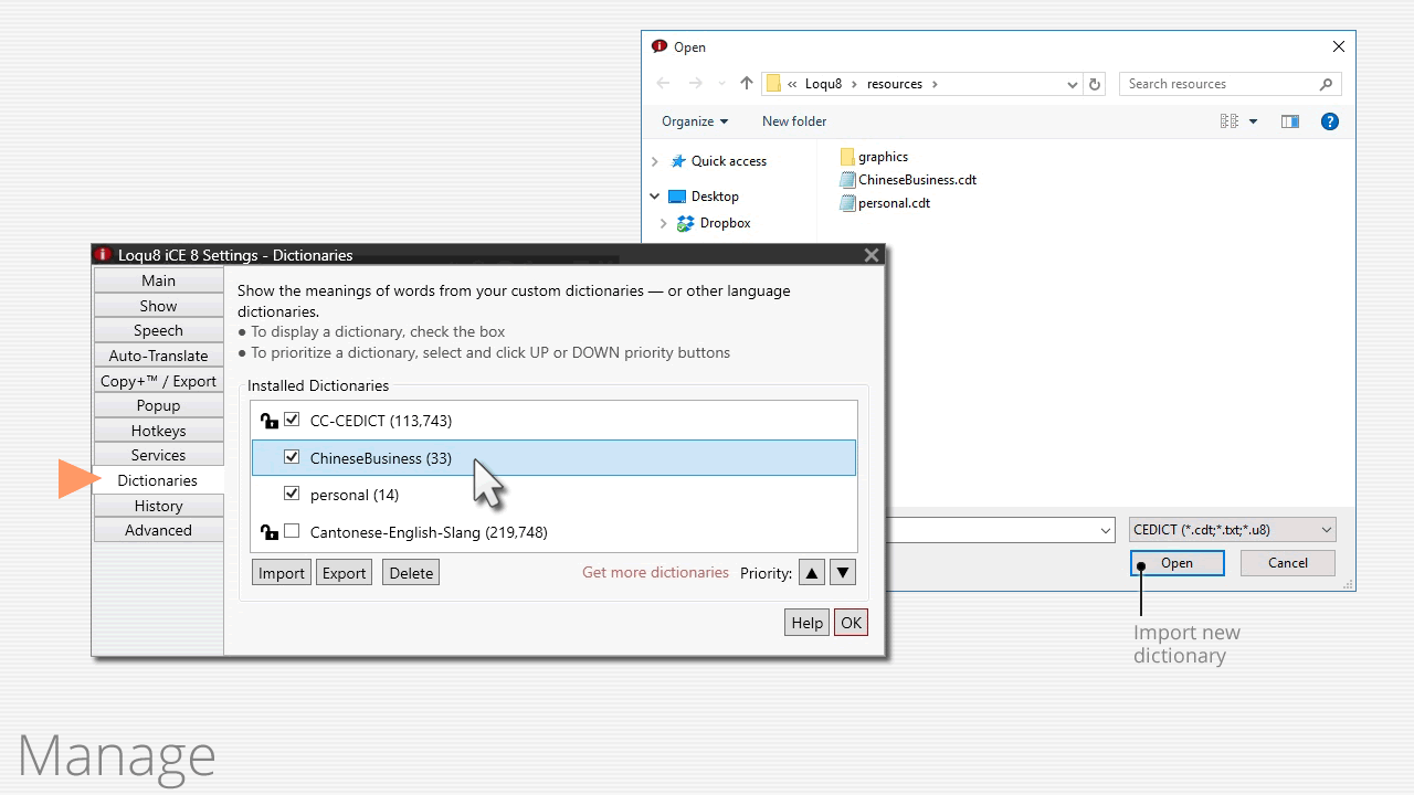 Loqu8 iCE 8 - Manage Dictionaries