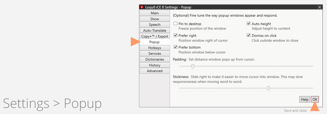 Settings > Popup